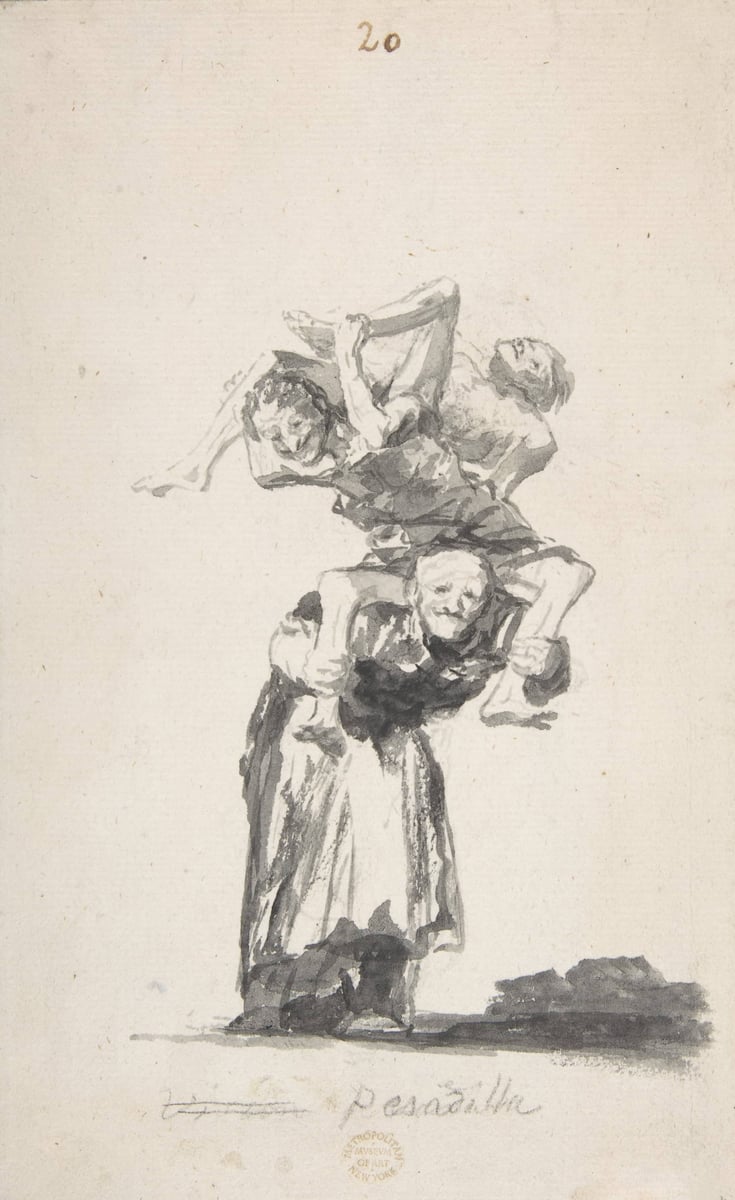 Francisco de Goya, ‘Nightmare’; an old woman carrying figures on her back (ca.1819–23)