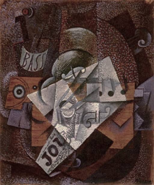 Pablo Picasso, 1913, Bouteille, clarinette, violon, journal, verre.