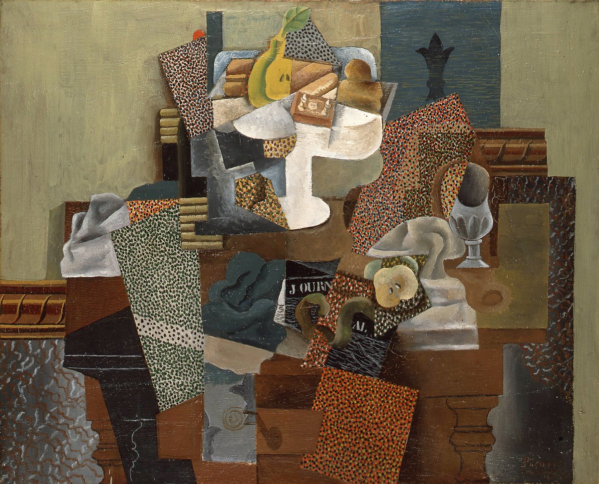 Pablo Picasso, 1914-15, Nature morte au compotier (Still Life with Compote and Glass), oil on canvas, 63.5 x 78.7 cm (25 x 31 in), Columbus Museum of Art, Ohio.